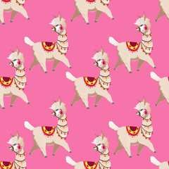 Illustration with alpaca and cactus plants. Vector seamless pattern on pink background. Llama.