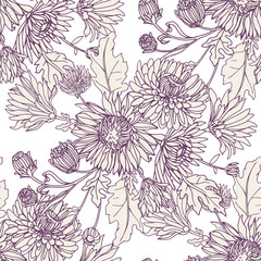 Seamless background with chrysanthemums in sketch style. Beautiful flowers pattern.