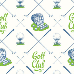 Seamless golf pattern with busket and ball. Vector set of hand-drawn sports equipment. Illustration in sketch style on white background.