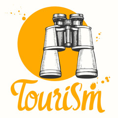 Travel vector illustration with binoculars in sketch style on white background. Brush calligraphy elements for your design. Handwritten ink lettering.
