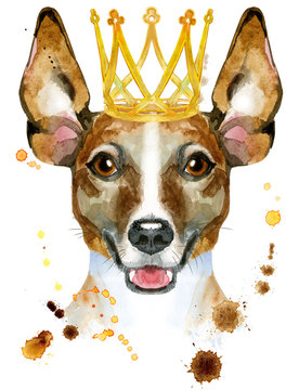 Watercolor portrait of jack russell terrier with golden crown
