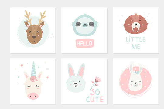Big set of cards with hand drawn animals