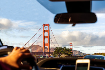 Car window view on Golden gate bridge, San Francisco, California.