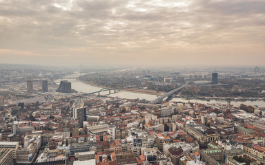 Cityscape of Belgrade at cloudy day. Aerial view
