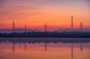 Electric transmission towers in fog