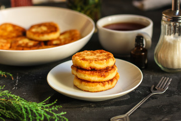pancakes with chocolate (cheesecakes) cheese cakes. food background