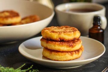 pancakes with chocolate (cheesecakes) cheese cakes. food background