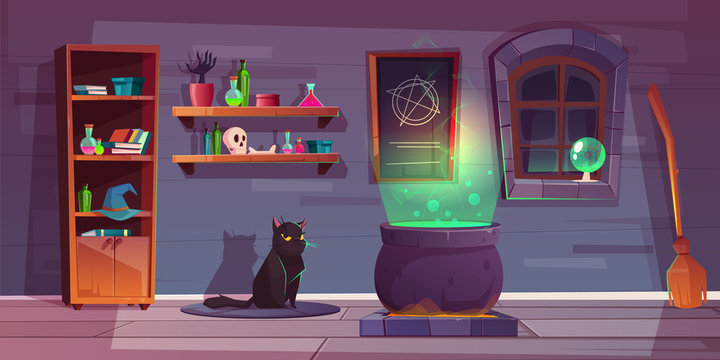 Vector game background of witch house with the black cat, stuff for magic. Shelves with potions, big cauldron and broom for flying. The backdrop for the quest about sorceresses, horror and charms.