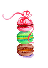 Сolorful watercolor macaroons with red bow isolated on white background. Hand drawn illustration