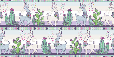 Creative animal print. Seamless vector pattern with llamas, cactus and hearts. Trendy textile design for shirts, dresses, bags and rugs. Hawaiian collection. On a white background © Anna