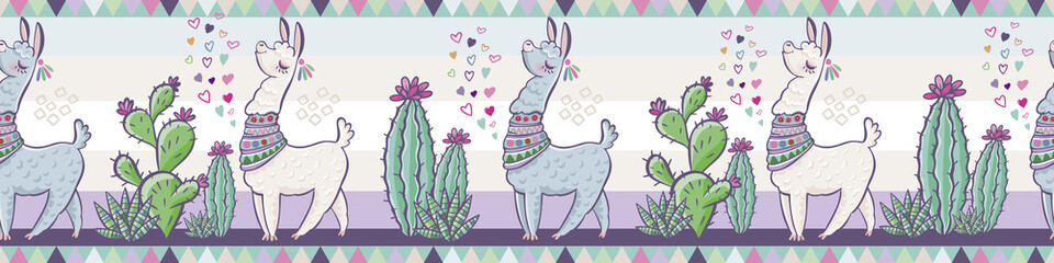 Creative animal print. Seamless vector pattern with llamas, cactus and hearts. Trendy textile design for shirts, dresses, bags and rugs. Hawaiian collection. On a white background © Anna