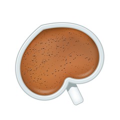 White ceramic heart shaped cup with black coffee with foam and bubbles on white background. Vector illustration of breakfast drink of unusual shape.