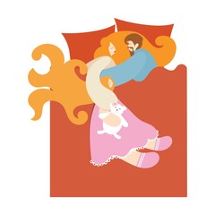 Happy sleeping family in bed. Dad, mom and daughter with a teddy bear. The perfect married couple with a child. Vector illustration of a cartoon style bedroom