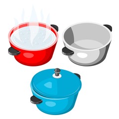 Vector stock boiling pan  set on white background collection of kitchen item with lid isolated object illustration cooking saucepan red, blue cast iron