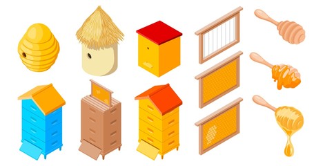 Vector Beehives Apiary set of objects of the beekeeper on a white background isolated object stock illustration: frame, beehive, honey, stick, wax