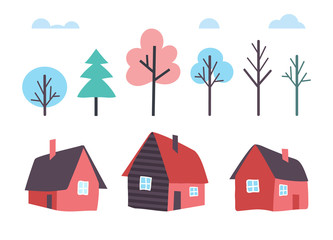Houses Made of Wood and Winter Trees Forest Vector