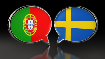 Portugal and Sweden flags with Speech Bubbles. 3D illustration