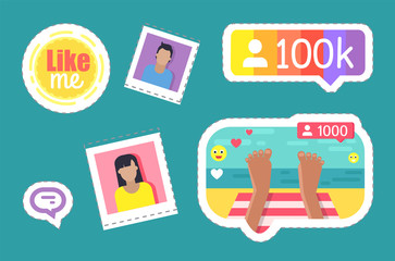 Blogger Resting on Seaside and Photos Set Vector