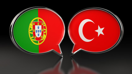 Portugal and Turkey flags with Speech Bubbles. 3D illustration
