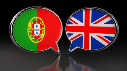 Portugal and United Kingdom flags with Speech Bubbles. 3D illustration