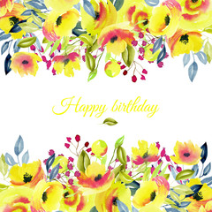 Card template, floral border with yellow roses and branches,  watercolor illustration