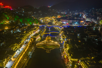 High angle view of Phoenix ancient town, Hunan province, at night