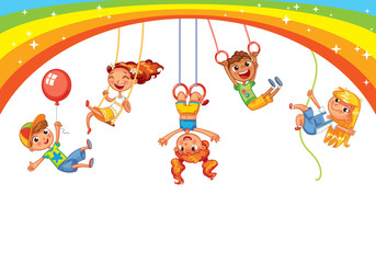 Playground. Kid weighs on the rings upside down. Climbing up along the rope. Swinging on swing