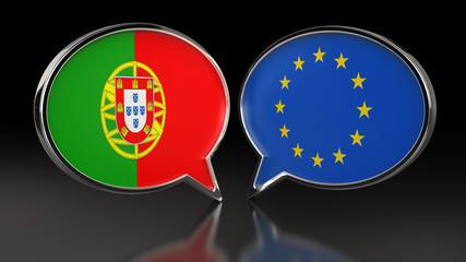 Portugal and Europe Union flags with Speech Bubbles. 3D illustration