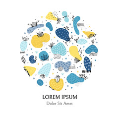 Fototapeta premium Circle includes hand drawn abstract shapes with different textures, spots and decorative elements. Freehand style. Doodle. It can be used for cover, card, label, poster, print on clothes, mug. Vector