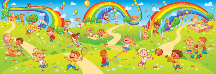 Naklejka premium Children playing in playground. Seamless children's panorama for your design