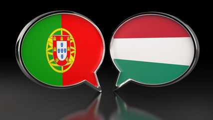 Portugal and Hungary flags with Speech Bubbles. 3D illustration