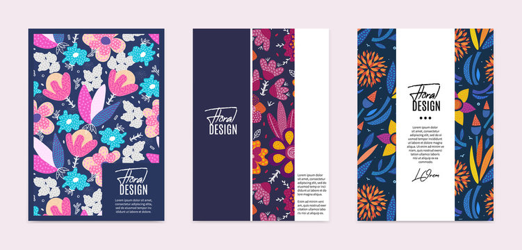 Set of vector templates. Hand drawn abstract flowers with different textures. Floral composition. It can be used as book, notebook or magazine cover, brochure, booklet, annual report, flyer, poster