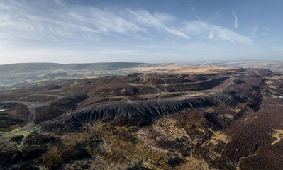 Aerial view of coal slag waste in Brecaon Beacons, Bleanavon, Wales UK