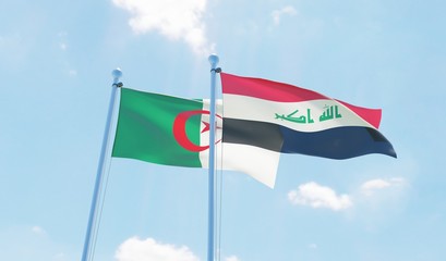 Algeria and Iraq, two flags waving against blue sky. 3d image