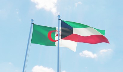 Algeria and Kuwait, two flags waving against blue sky. 3d image