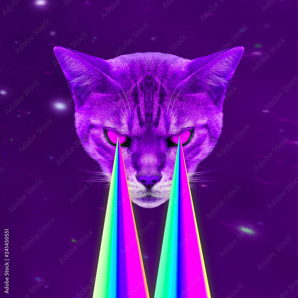 Wall mural space cat with lasers from eyes. minimal collage fashion concept