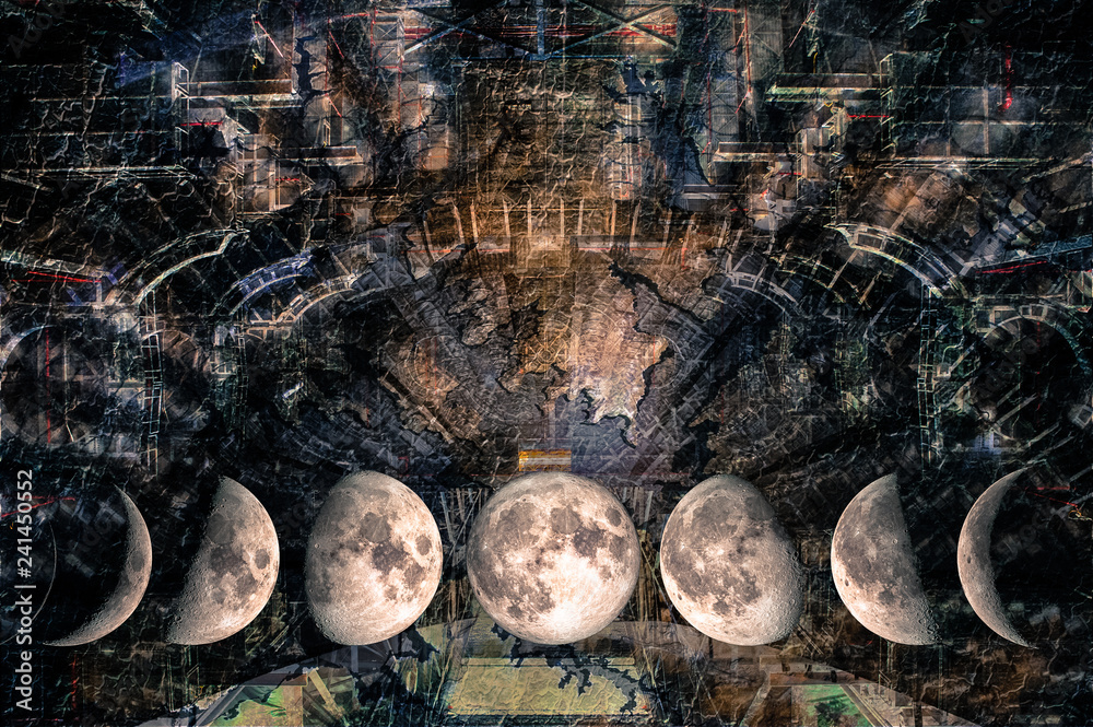 Sticker phases of the moon at the background of futuristic design in the form of a space design structure in