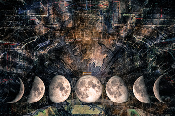 Fototapety  Fazy Księżyca na tle futurystycznego designu w postaci konstrukcji przestrzennej w galaktyce. Elementy tego obrazu dostarczone przez NASA.