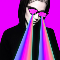 Fashion hipster girl with rainbow lasers from eyes.  Minimal collage art