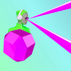 Party dj Girl with  lasers from eyes. Minimal collage clubbing art