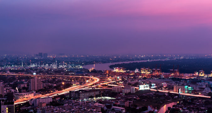 Ariel View Of City Of Bangkok Metropolis In Twilight  