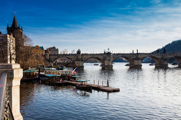The medieval Charles Bridge over the Vltava river in Prague city