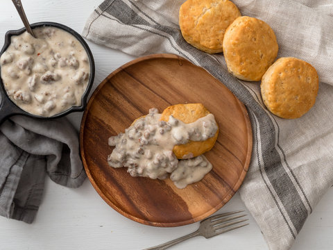 Biscuits and sausage gravy. A hearty and traditional southern meal served for breakfast or brunch. Comfort food.