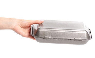 Container for food in hand on white background isolation