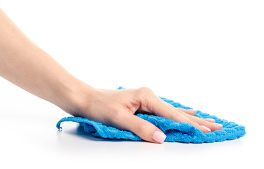 The blue rag cloth in hand on white background isolation