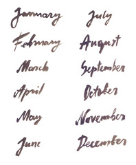 Month titles hand painted in watercolor on clean white background