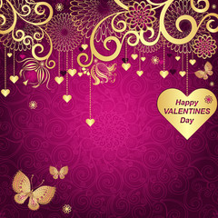 Purple Valentines frame with golden hearts