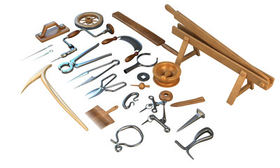 old carpenter workshop with vintage tools,3d illustration