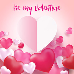 Realistic 3D Colorful Red and White Romantic Valentine Hearts Background Floating with Happy Valentines Day Greetings. Vector