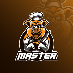 chef vector logo design mascot with modern illustration concept style for badge, emblem and tshirt printing. hog chef illustration by holding a knife.